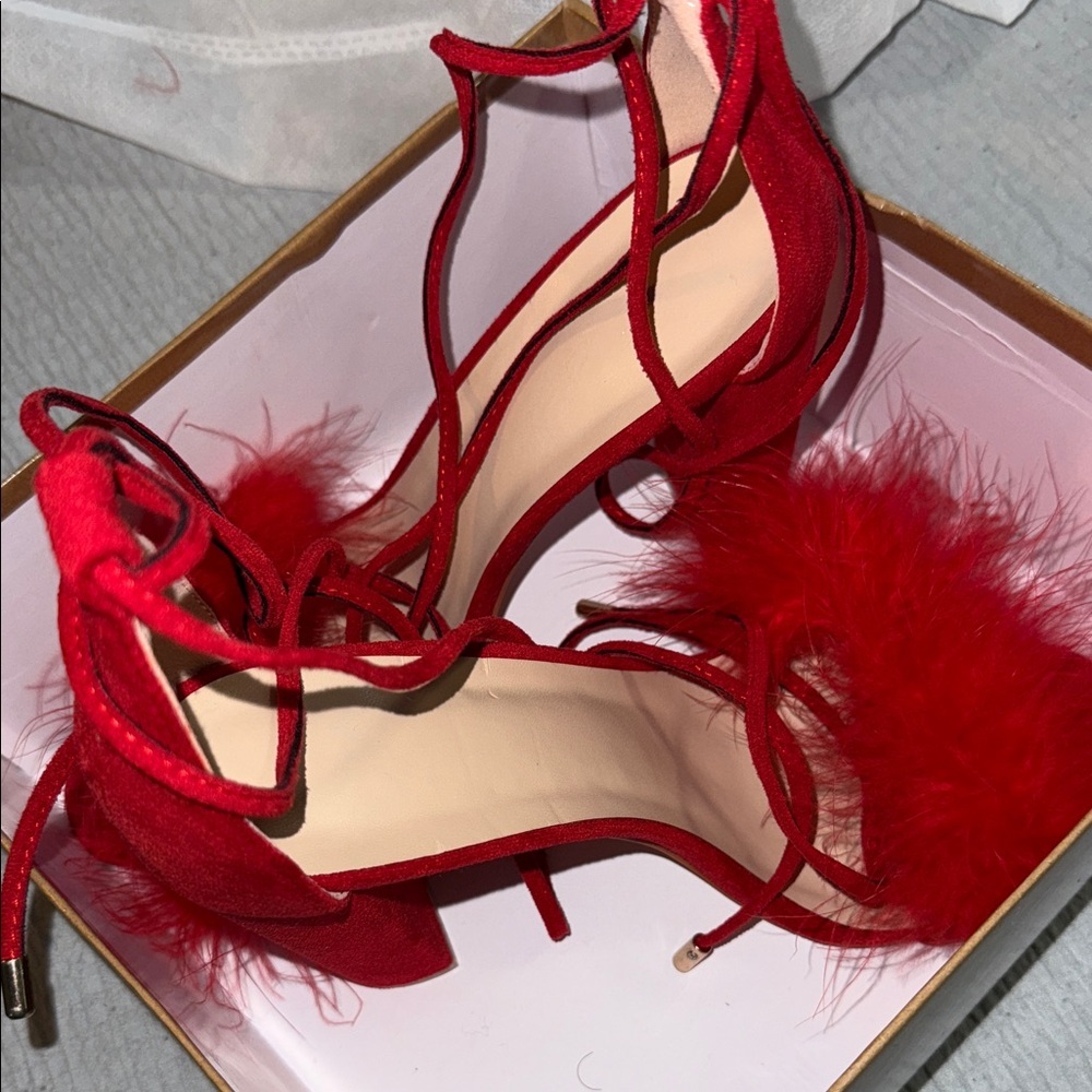 JustFab Red Feathered Heels - Picture 4 of 5